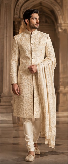 Ivory Raw Silk Sherwani